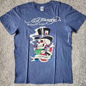 Ed Hardy T-Shirt Mens Large Y2K Rhinestone Skull Top Hat Excellent